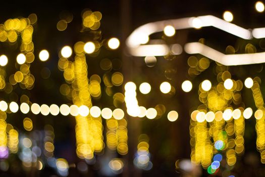 Decorative outdoor string lights hanging on tree in the garden at night time 