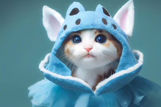 3d render cute kitten wearing an adorable shark costume for Halloween with selective focus and blur.