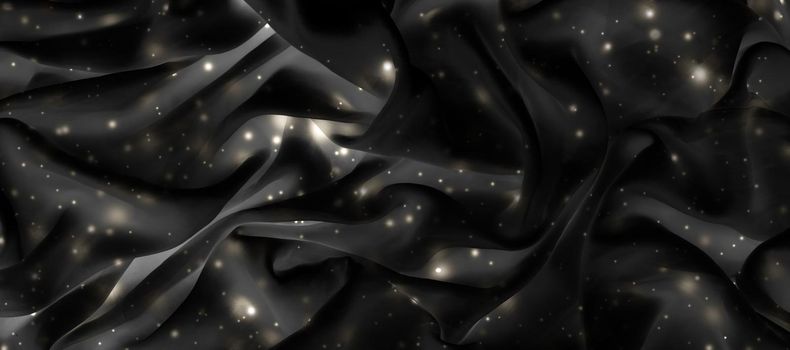 Winter fashion, shiny fabric and night party style concept - Magic holiday black silk flatlay background texture with golden shine, luxury glamour abstract backdrop