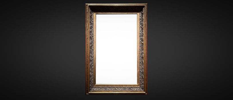 Antique art fair gallery frame on royal black wall at auction house or museum exhibition, blank template with empty white copyspace for mockup design, artwork concept