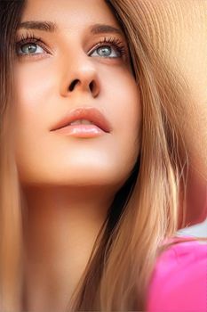 Fashion, travel and beauty face portrait of young woman, beautiful model wearing beach sun hat in summer, head accessory and style concept