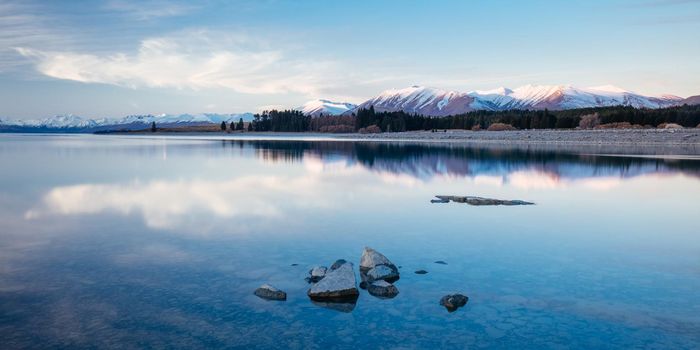 Majestic Lake Tekapo at sunset on a cool spring evening in New Zealand