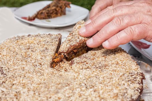 Part of a brown cake sprinkled with light brown chocolate. Cutting the cake. Flat lays.