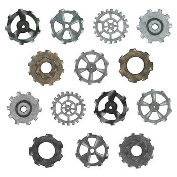 Set of Hand-Drawn Steampunk Gear Transmission Element Isolated on White Background. Collection of Metal Gear Illustration Drawn by Colored Pencil.