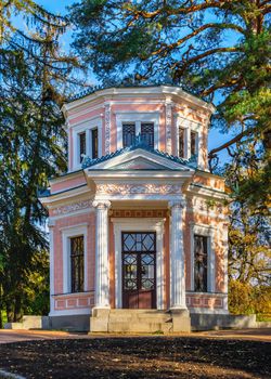 Pavilion on the island of anti Circe in the Sofievsky arboretum or Sofiyivsky Park in Uman, Ukraine, on a sunny autumn day