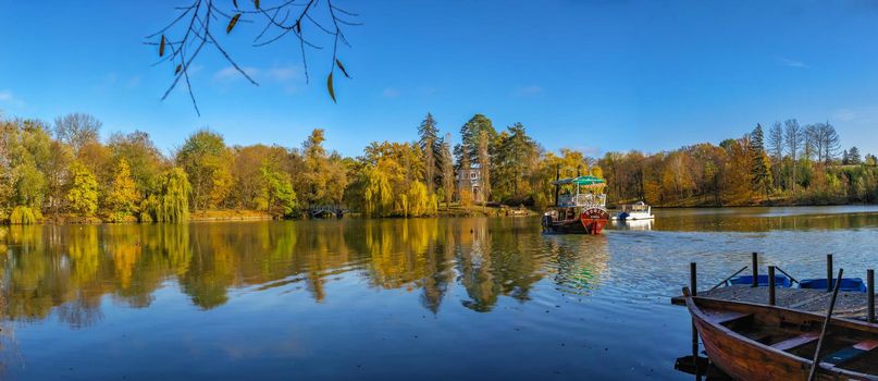 Upper Pond and Anti Circe Island in the Sofievsky arboretum or Sofiyivsky Park in Uman, Ukraine, on a sunny autumn day