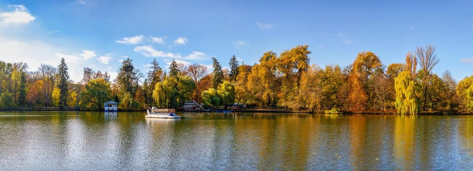 Upper Pond and Anti Circe Island in the Sofievsky arboretum or Sofiyivsky Park in Uman, Ukraine, on a sunny autumn day