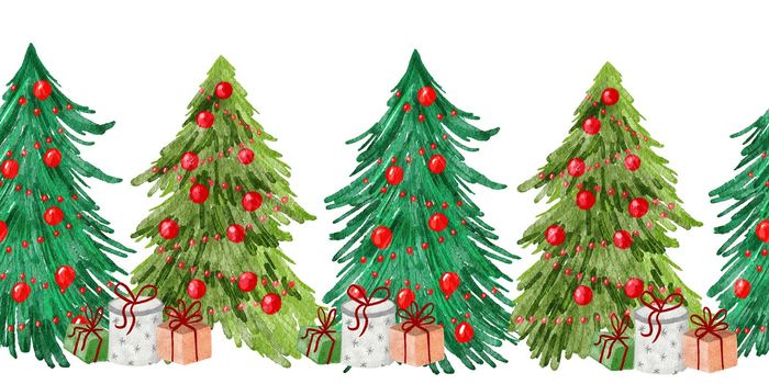 Watercolor seamless hand drawn border with Christmas trees. Winter december forest wood woodland decor, pine fir conifer branches in snow ornaments, horizontal clipart frame