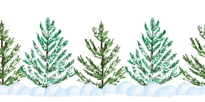 Watercolor seamless hand drawn border with Christmas trees. Winter december forest wood woodland decor, pine fir conifer branches in snow ornaments, horizontal clipart frame