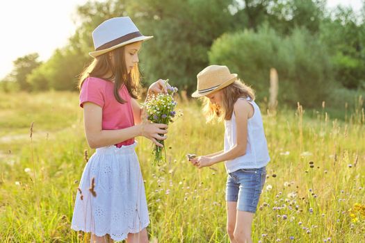 Two beautiful pretty girls kids tearing wildflowers walking in sunny meadow, picturesque landscape, golden hour. Childhood, summer, nature, beauty, children concept