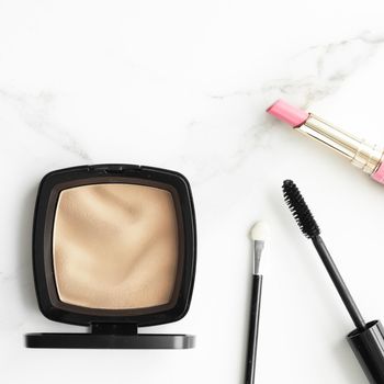 Make-up and cosmetics products on marble, flatlay background - modern feminine lifestyle, beauty blog and fashion inspiration concept