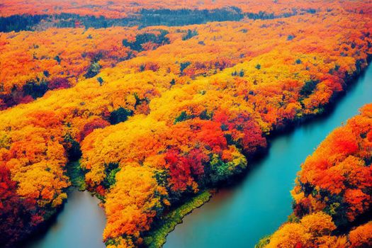 3D Illustration, selective focused, blurred, colorful fall forest landscape wallpaper.