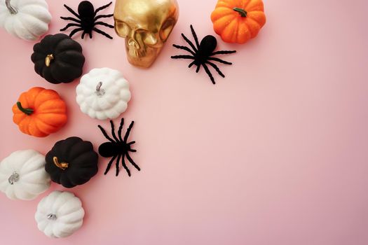 Multicolored pumpkins, a golden skull and black spiders lie on a pink background. High quality photo