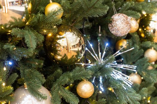 Decorated Christmas tree on blurred background