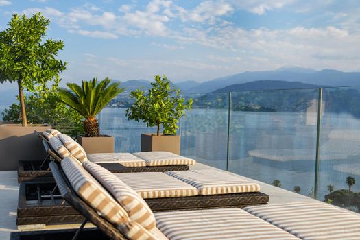 Sun loungers overlooking Lake Maggiore in Italy View from above