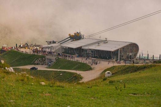 MALCESINE, ITALY - AUGUST 09, 2019: View of the cable station for the cable car on Monte Baldo in Italy