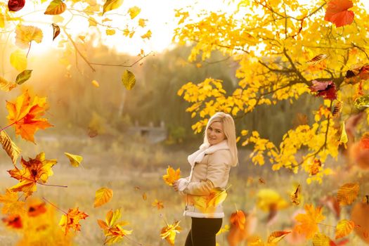 Beautiful girl walking outdoors in autumn. Smiling girl collects yellow leaves in autumn. Young woman enjoying autumn weather. High quality photo