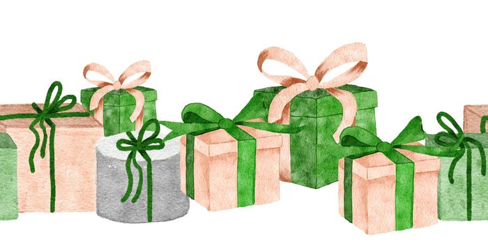 Hand drawn watercolor seamless horizontal border with green beige gray Christmas gix boxes. Winter birthday presents, elegant decoration shopping, ribbon bow decor holiday