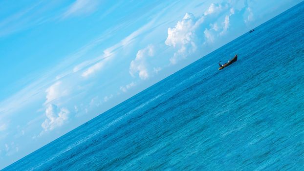 Atmosphere panorama. Clear sky calm sea horizon line cloud. Concept lifestyle move flow up down progress regress, choice direction development life boat. Straight lines diagonal, blue turquoise white.