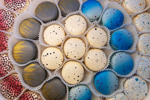 delicious cakes macaroni cookies. Multi-colored macaroni biscuits close-up in a box. Box of fresh colorful French macaroon pastry cookies.