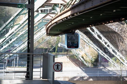 Wuppertal Suspension Railway train in Germany. The unique electric monorail system is Wuppertal's landmark. North Rhine-Westphalia, High quality photo