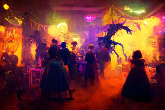 colorful halloween indoor party, neural network generated art. Digitally generated image. Not based on any actual scene or pattern.