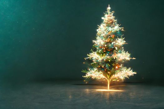 christmas tree on gray backgound with copy space, neural network generated art. Digitally generated image. Not based on any actual scene or pattern.