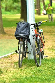 two bicycles near the pole. personal sports bikes in the park. High quality photo