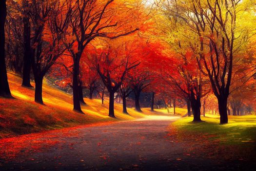 3D Illustration, selective focused, blurred, colorful fall forest landscape wallpaper.