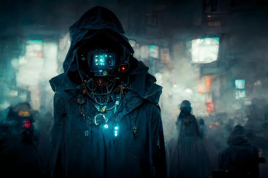 dark cybermage, cyberpunk sorcerer in a cloak with a hood, neural network generated art. Digitally generated image. Not based on any actual scene or pattern.