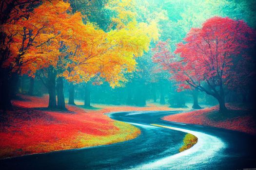 3D Illustration, selective focused, blurred, colorful fall forest landscape wallpaper.