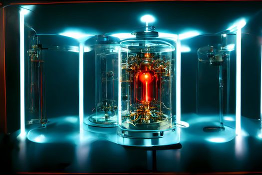 hight-tech transparent plasma quantum computer tube with glowing energy inside, neural network generated art. Digitally generated image. Not based on any actual scene or pattern.