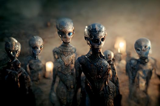 group of ugly barely humanoid aliens in ominous misty atmosphere, neural network generated art. Digitally generated image. Not based on any actual scene or pattern.