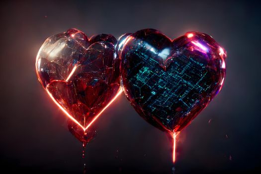 pair of cybernetic glowing decorative hearts on gray background, neural network generated art. Digitally generated image. Not based on any actual scene or pattern.