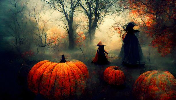 abstract black gothic ladies figures in long dress with pupmkins, spooky haloween background, neural network generated art. Digitally generated image. Not based on any actual scene or pattern.