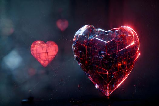 cyberpunk neon shiny and glowing hearts on gray background, neural network generated art for valentines day. Digitally generated painting-like image. Not based on any actual scene or pattern.