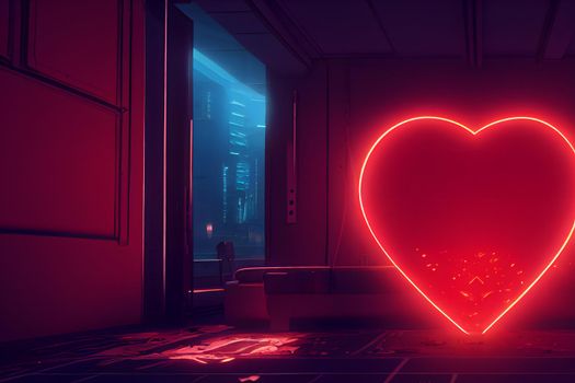 large red glowing heart on the wall in night club with dim lights, neural network generated art. Digitally generated image. Not based on any actual scene or pattern.