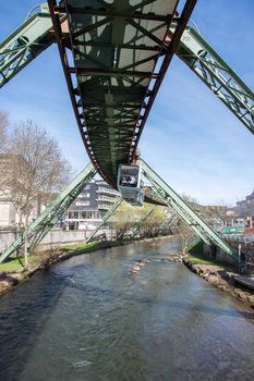 Wuppertal Suspension Railway train in Germany. The unique electric monorail system is Wuppertal's landmark. North Rhine-Westphalia, High quality photo