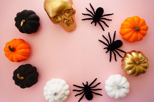 Multicolored pumpkins, a golden skull and black spiders lie on a pink background. High quality photo