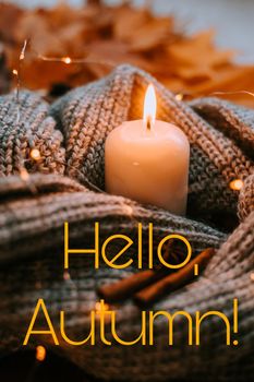 Banner hello autumn . cozy vibes . A new season. Autumn leaves. An article about autumn. Candles.