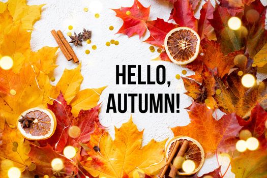 Banner hello autumn . A new season. Welcome card. September, October, November Autumn leaves Nature