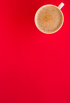 Breakfast, drinks and modern lifestyle concept - Hot aromatic coffee on red background, flatlay