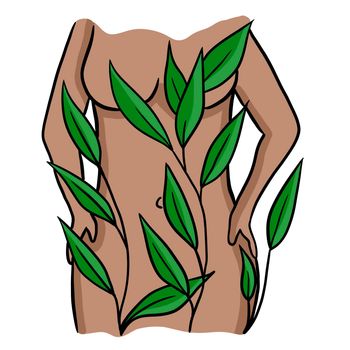 Hand drawn illustration of naked nude woman with brwon skin in the branches leaves nature. Sensual harmony, elegant fit feamle body, spa mediation healthcare concept. Topless torso young stylized