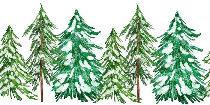 Watercolor seamless hand drawn border with Christmas trees. Winter december forest wood woodland decor, pine fir conifer branches in snow ornaments, horizontal clipart frame