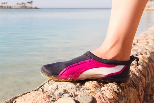 Water swimming shoe in Pink neoprene on rocks in water on beach. 
