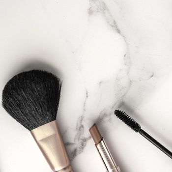 Make-up and cosmetics products on marble, flatlay background - modern feminine lifestyle, beauty blog and fashion inspiration concept