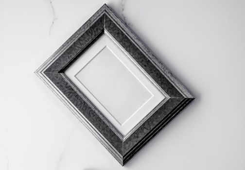 Photo album, artwork mock up, vintage design concept - Black wooden frame on marble, flatlay