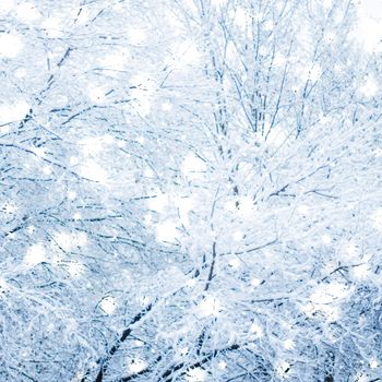 Snowing landscape, greeting card design and New Years Eve travel concept - Winter holiday background, nature scenery with shiny snow and cold weather in forest at Christmas time