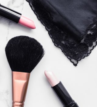 Modern feminine lifestyle, blog background and styled stock concept. Beauty and fashion inspiration - Make-up and cosmetics flatlay on marble