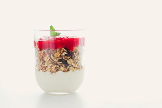 Sweet food, diet nutrition and organic dairy concept - Homemade granola parfait with strawberry jam and mint, yogurt and muesli for healthy breakfast in the morning